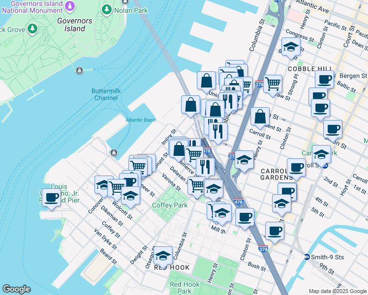 map of restaurants, bars, coffee shops, grocery stores, and more near 64 Seabring Street in Brooklyn