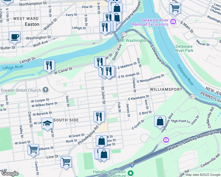 map of restaurants, bars, coffee shops, grocery stores, and more near 134 West Nesquehoning Street in Easton