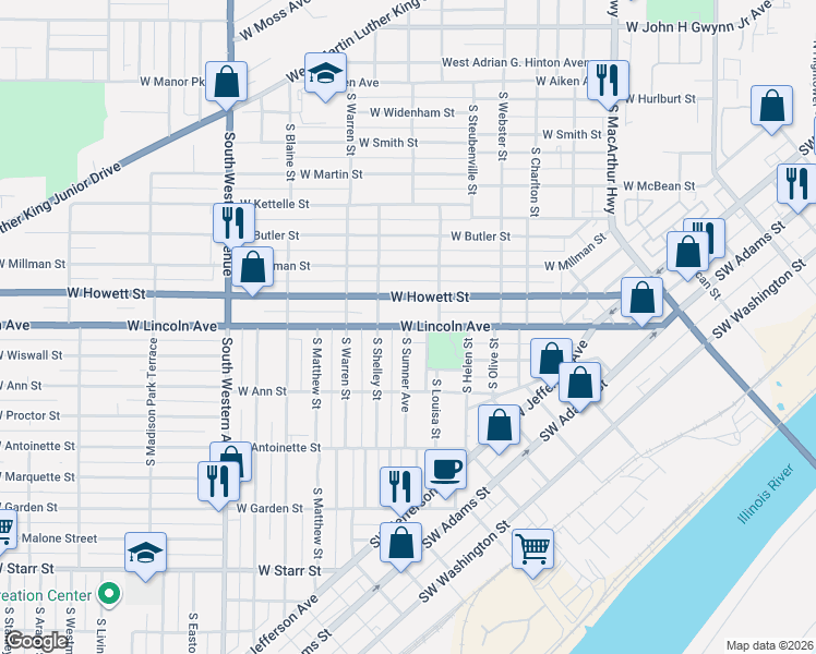 map of restaurants, bars, coffee shops, grocery stores, and more near 1499 West Lincoln Avenue in Peoria