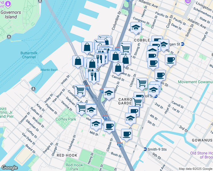 map of restaurants, bars, coffee shops, grocery stores, and more near 65 Woodhull Street in Brooklyn