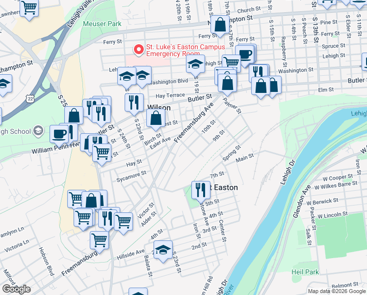 map of restaurants, bars, coffee shops, grocery stores, and more near 1014 Center Street in Easton