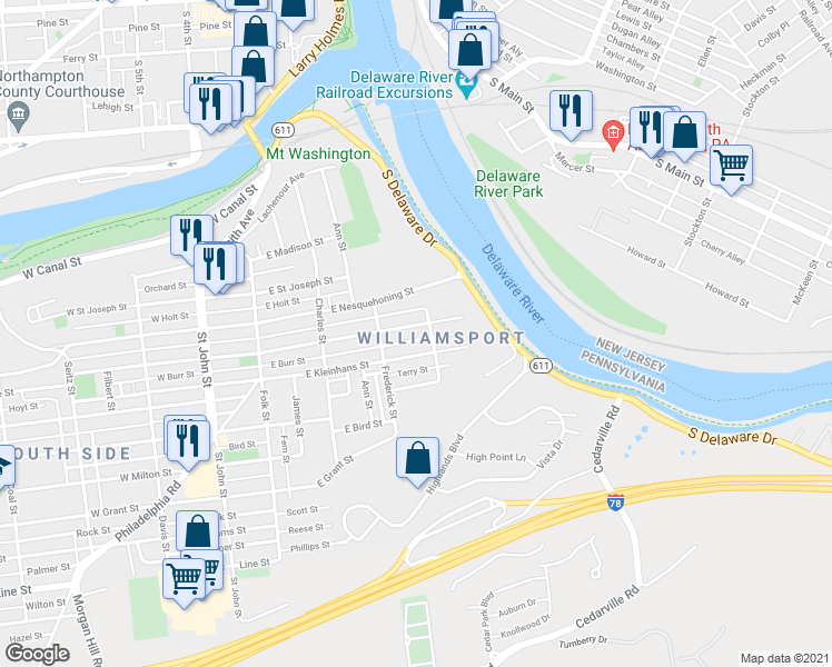 map of restaurants, bars, coffee shops, grocery stores, and more near 341 East Wilkes Barre Street in Easton