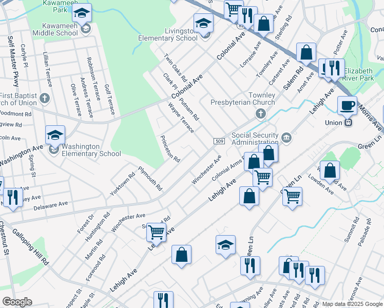 map of restaurants, bars, coffee shops, grocery stores, and more near 677 Duquesne Terrace in Union