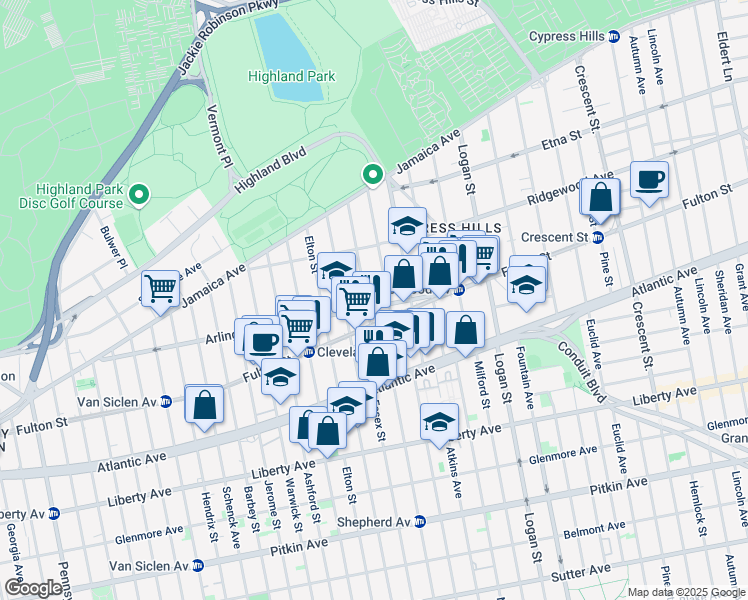 map of restaurants, bars, coffee shops, grocery stores, and more near 140 Shepherd Avenue in Brooklyn