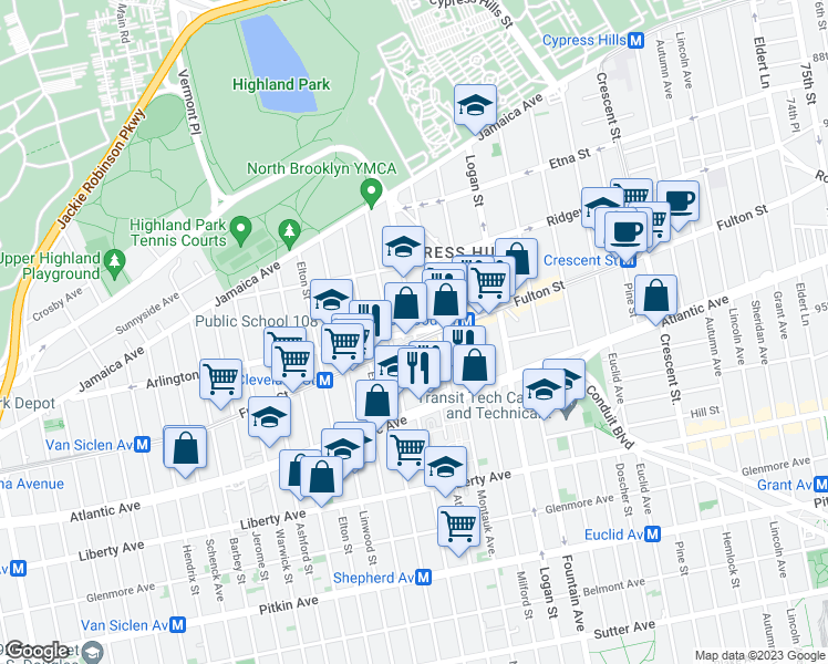 map of restaurants, bars, coffee shops, grocery stores, and more near Highland Place in Brooklyn