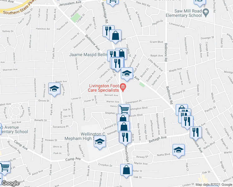 map of restaurants, bars, coffee shops, grocery stores, and more near 2407 Bennett Avenue in North Bellmore