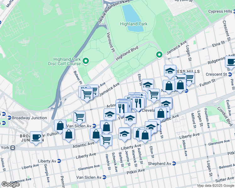 map of restaurants, bars, coffee shops, grocery stores, and more near 29 Jerome Street in Brooklyn