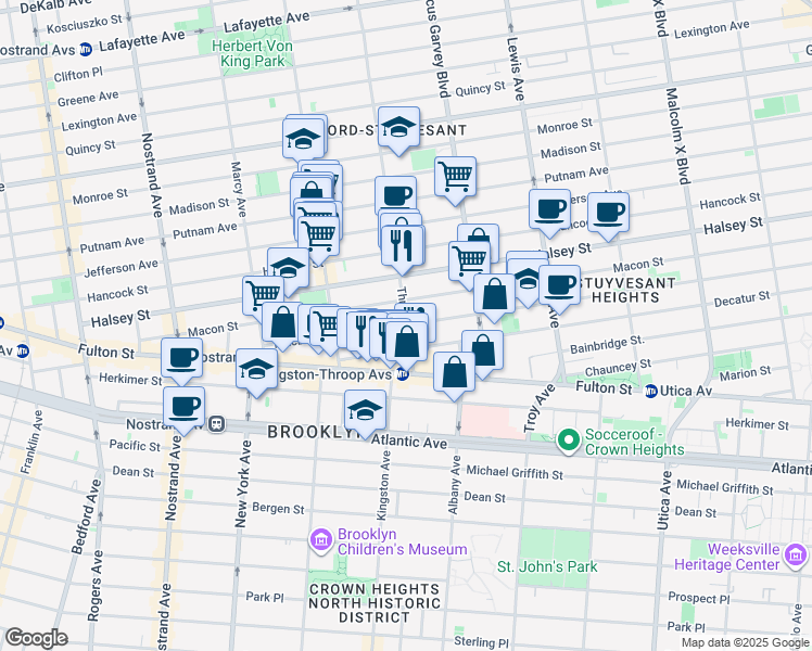map of restaurants, bars, coffee shops, grocery stores, and more near Throop Ave & MacDonough St in Brooklyn