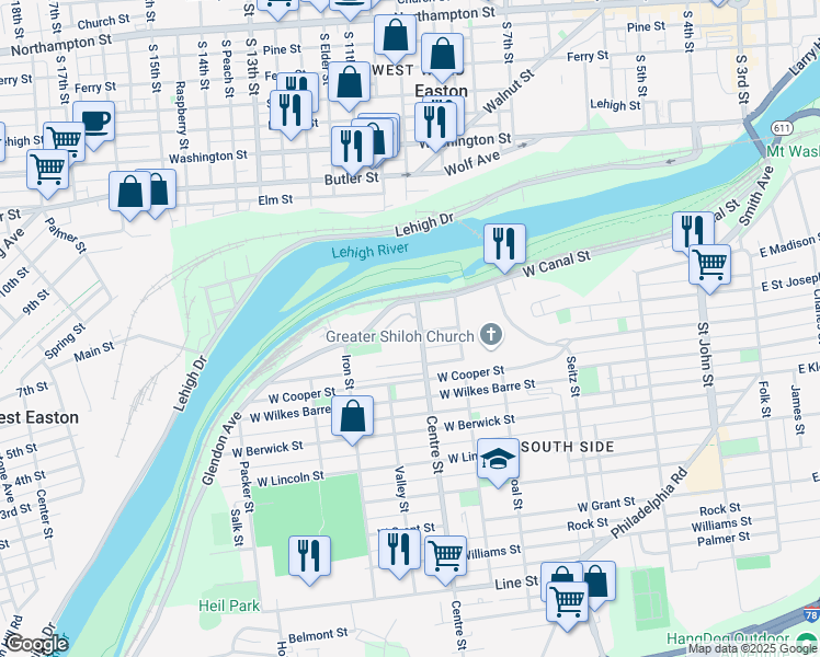 map of restaurants, bars, coffee shops, grocery stores, and more near 707 Mauch Chunk Street in Easton