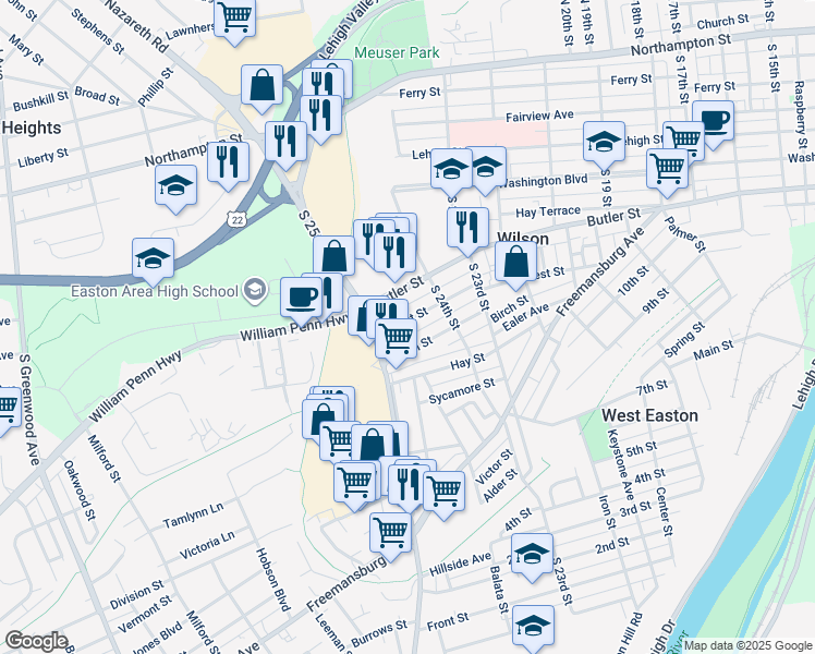 map of restaurants, bars, coffee shops, grocery stores, and more near 2452 Forest Street in Easton
