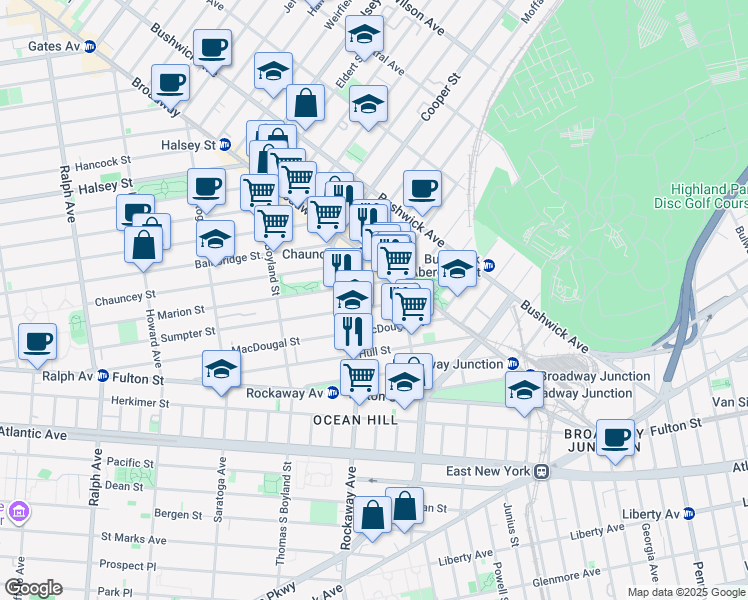 map of restaurants, bars, coffee shops, grocery stores, and more near 389 Sumpter Street in Brooklyn