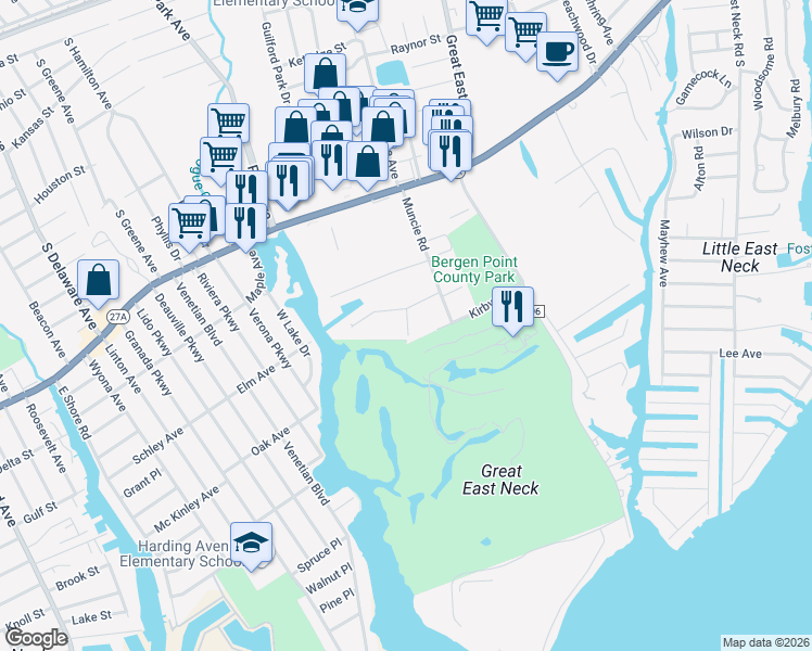 map of restaurants, bars, coffee shops, grocery stores, and more near 160 Milligan Road in West Babylon