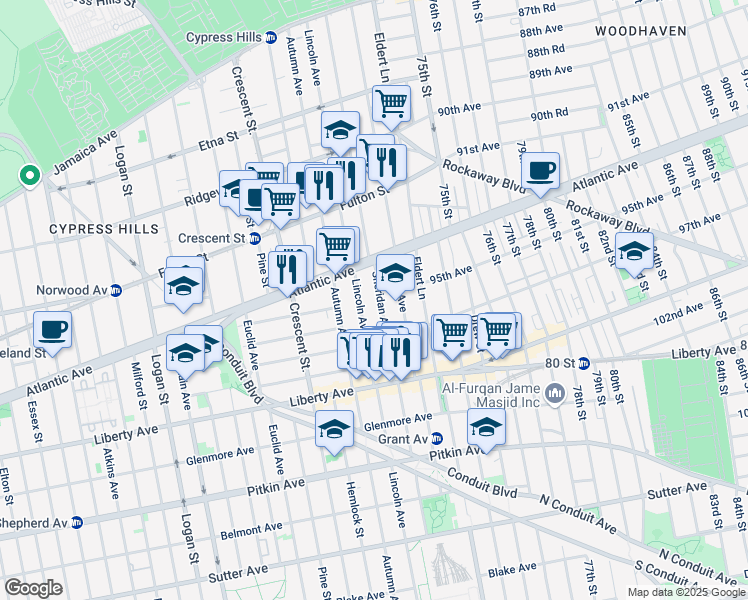 map of restaurants, bars, coffee shops, grocery stores, and more near 49 Sheridan Avenue in Brooklyn