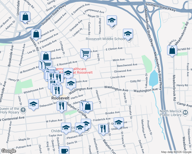 map of restaurants, bars, coffee shops, grocery stores, and more near 139 Lincoln Avenue in Roosevelt