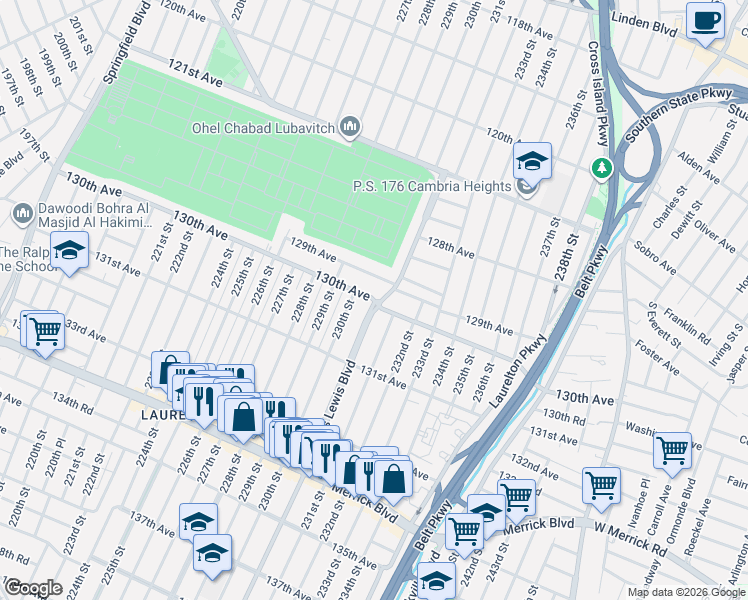 map of restaurants, bars, coffee shops, grocery stores, and more near 130-01 230th Street in Queens