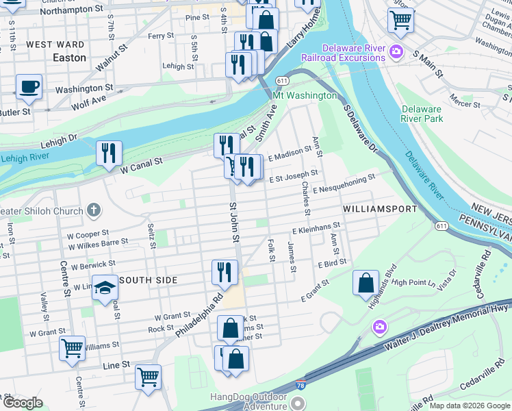 map of restaurants, bars, coffee shops, grocery stores, and more near 102 West Nesquehoning Street in Easton