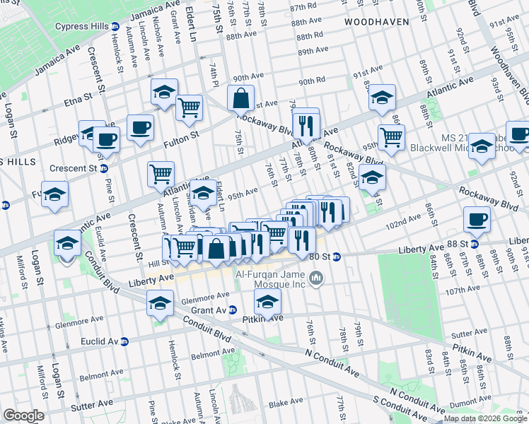 map of restaurants, bars, coffee shops, grocery stores, and more near 75-01 97th Avenue in Queens