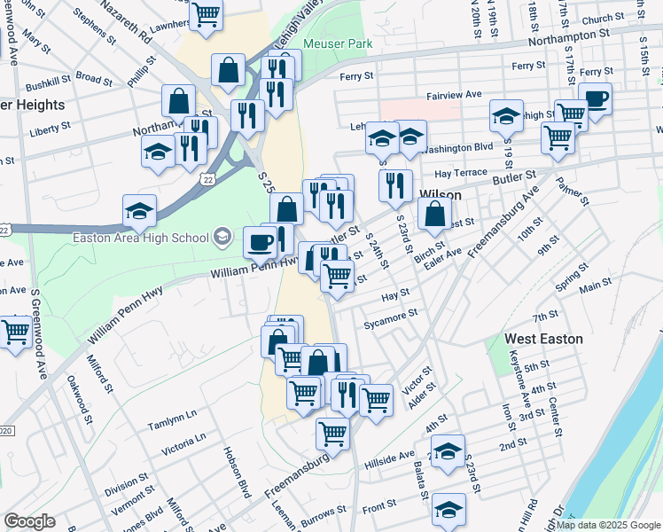 map of restaurants, bars, coffee shops, grocery stores, and more near 2469 Forest Street in Easton