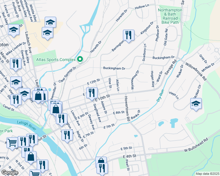 map of restaurants, bars, coffee shops, grocery stores, and more near 514 East 11th Street in Northampton