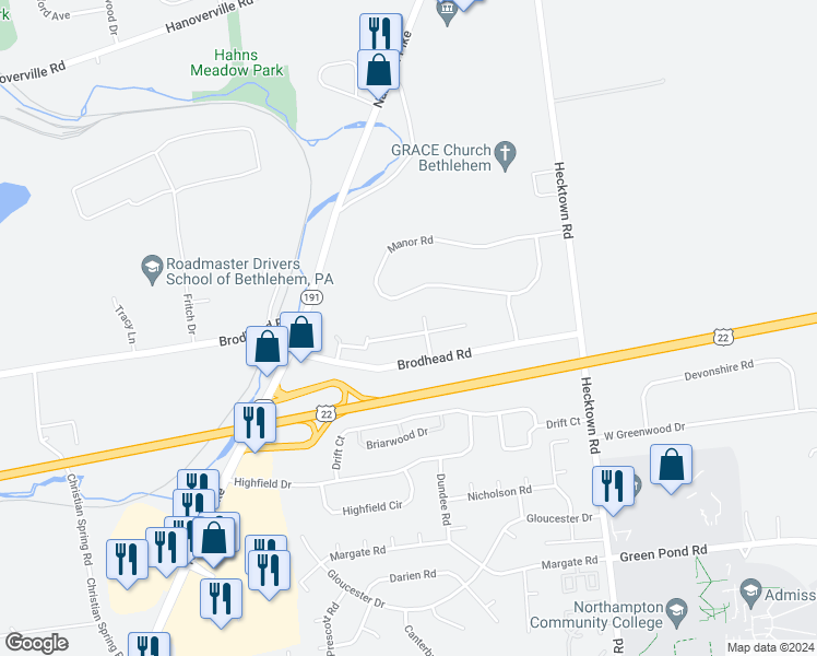 map of restaurants, bars, coffee shops, grocery stores, and more near 3330 Blue Ridge Dr in Bethlehem