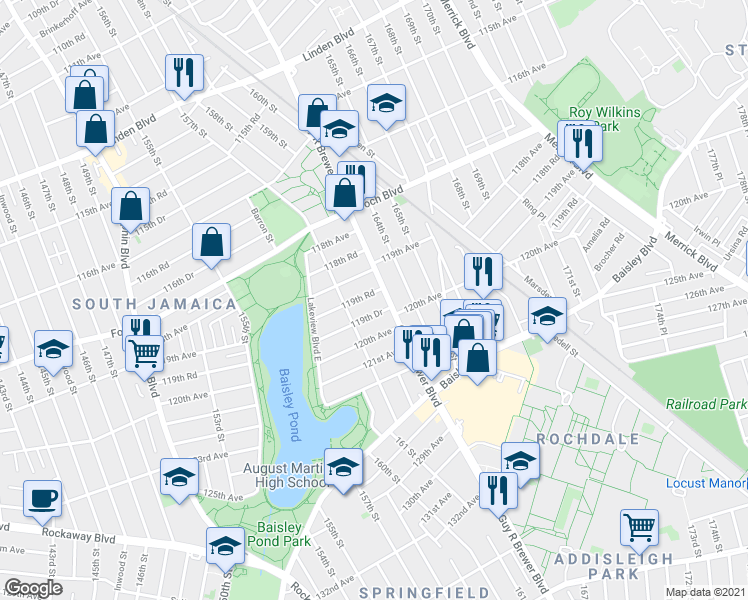 map of restaurants, bars, coffee shops, grocery stores, and more near 161-32 119th Road in Queens