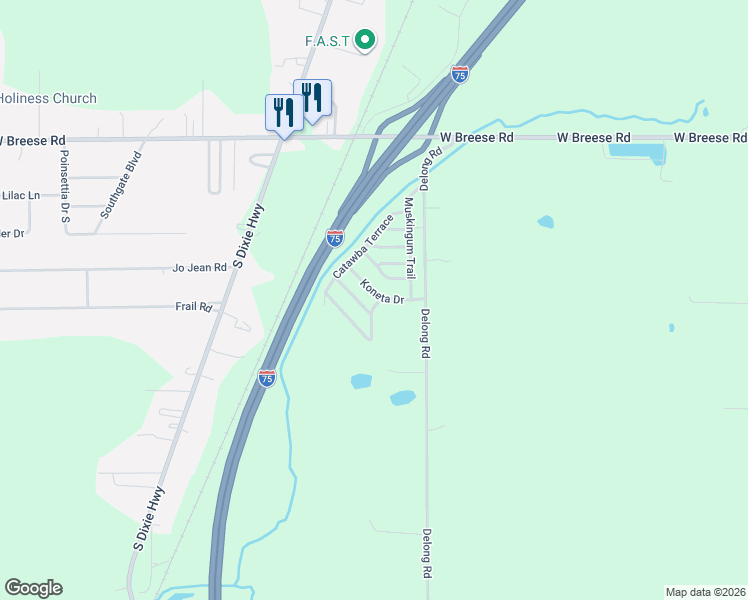 map of restaurants, bars, coffee shops, grocery stores, and more near 201 Koneta Drive in Lima