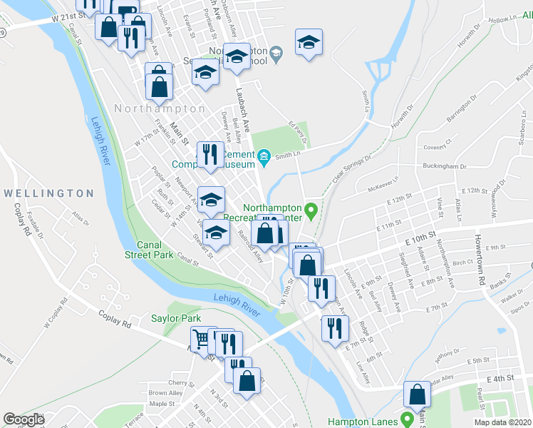 map of restaurants, bars, coffee shops, grocery stores, and more near 1282 Laubach Avenue in Northampton