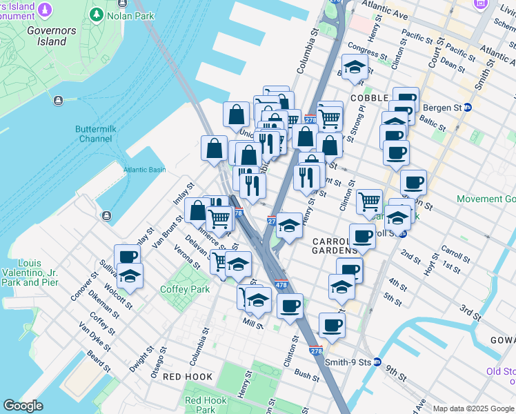 map of restaurants, bars, coffee shops, grocery stores, and more near 8 Woodhull Street in Brooklyn