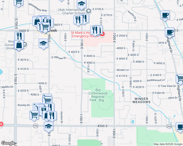 map of restaurants, bars, coffee shops, grocery stores, and more near 1155 Hillview Drive in Millcreek