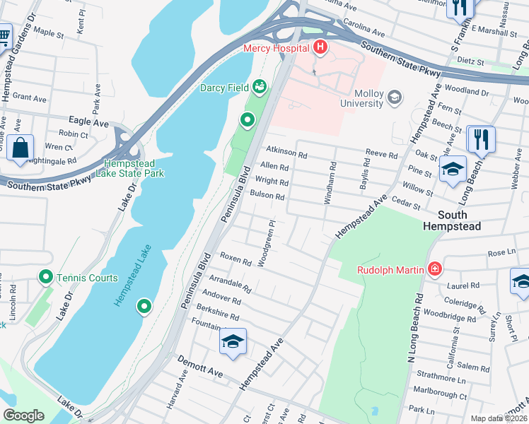 map of restaurants, bars, coffee shops, grocery stores, and more near 33 Canterbury Rd in Rockville Centre