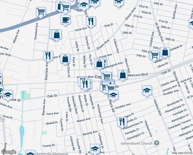 map of restaurants, bars, coffee shops, grocery stores, and more near 504 Marconi Boulevard in Copiague