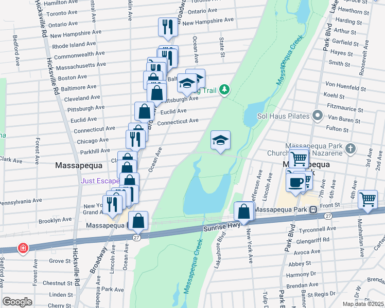 map of restaurants, bars, coffee shops, grocery stores, and more near 139 Clark Avenue in Massapequa