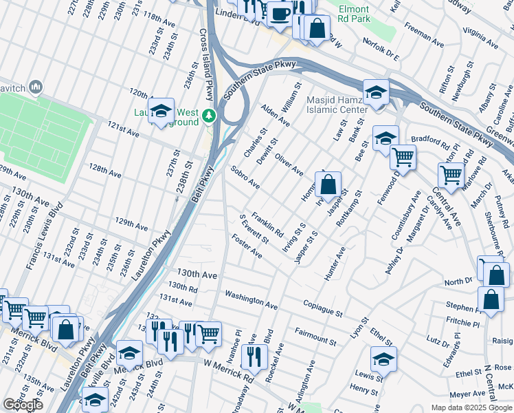 map of restaurants, bars, coffee shops, grocery stores, and more near 9 Frank Street in Valley Stream