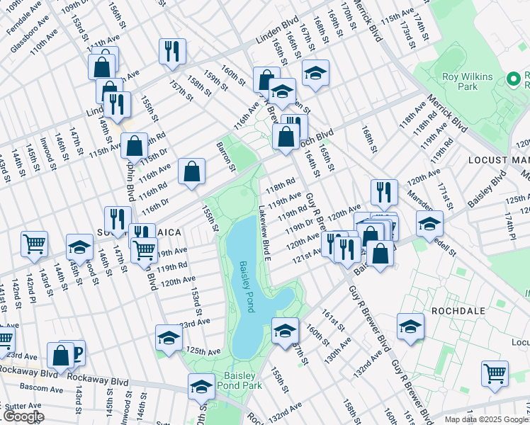 map of restaurants, bars, coffee shops, grocery stores, and more near 118-39 Lakeview Boulevard East in Queens