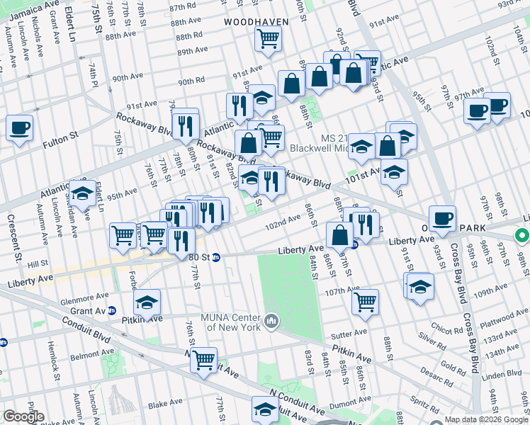 map of restaurants, bars, coffee shops, grocery stores, and more near 83-18 101st Avenue in Queens