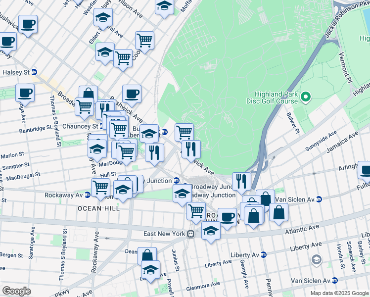 map of restaurants, bars, coffee shops, grocery stores, and more near 1597 Bushwick Avenue in Brooklyn