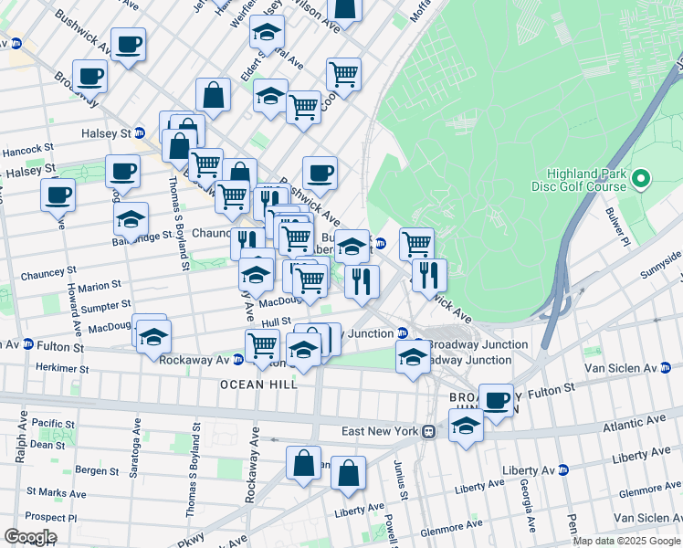 map of restaurants, bars, coffee shops, grocery stores, and more near 21 Aberdeen Street in Brooklyn