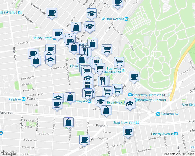 map of restaurants, bars, coffee shops, grocery stores, and more near 389 Sumpter Street in Brooklyn