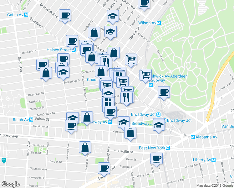 map of restaurants, bars, coffee shops, grocery stores, and more near 389 Sumpter Street in Brooklyn