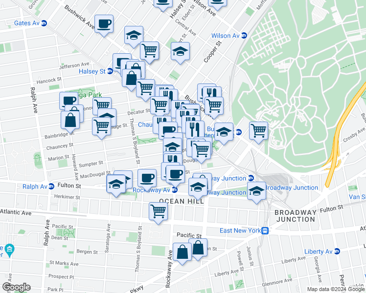 map of restaurants, bars, coffee shops, grocery stores, and more near 389 Sumpter Street in Brooklyn