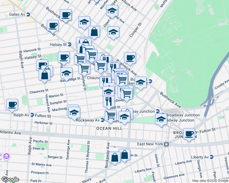 map of restaurants, bars, coffee shops, grocery stores, and more near 389 Sumpter Street in Brooklyn