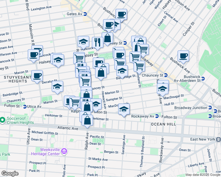 map of restaurants, bars, coffee shops, grocery stores, and more near 346A Chauncey Street in Brooklyn