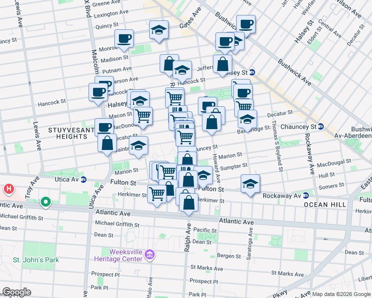 map of restaurants, bars, coffee shops, grocery stores, and more near 323 Chauncey Street in Brooklyn