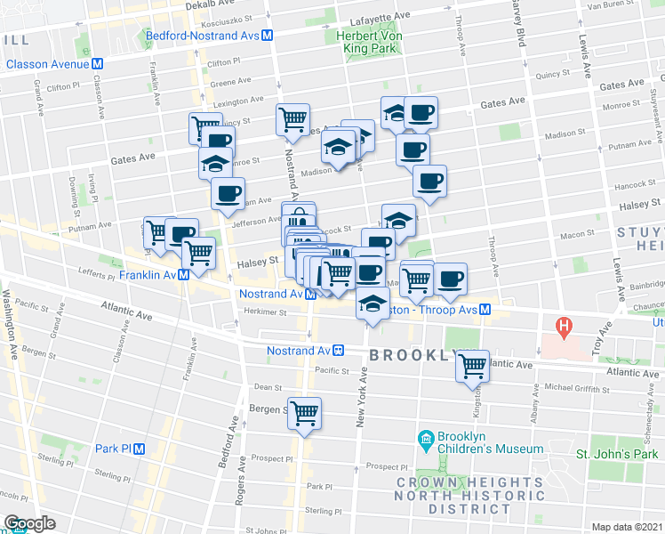 map of restaurants, bars, coffee shops, grocery stores, and more near 67 Macon Street in Brooklyn