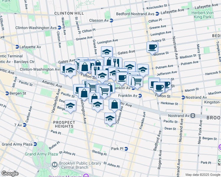 map of restaurants, bars, coffee shops, grocery stores, and more near 73 Lefferts Place in Brooklyn