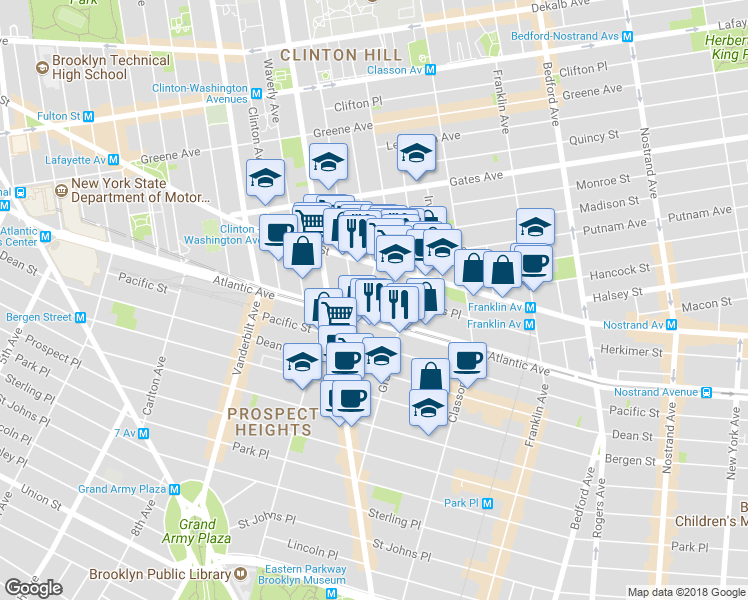 map of restaurants, bars, coffee shops, grocery stores, and more near 42 Lefferts Place in Brooklyn
