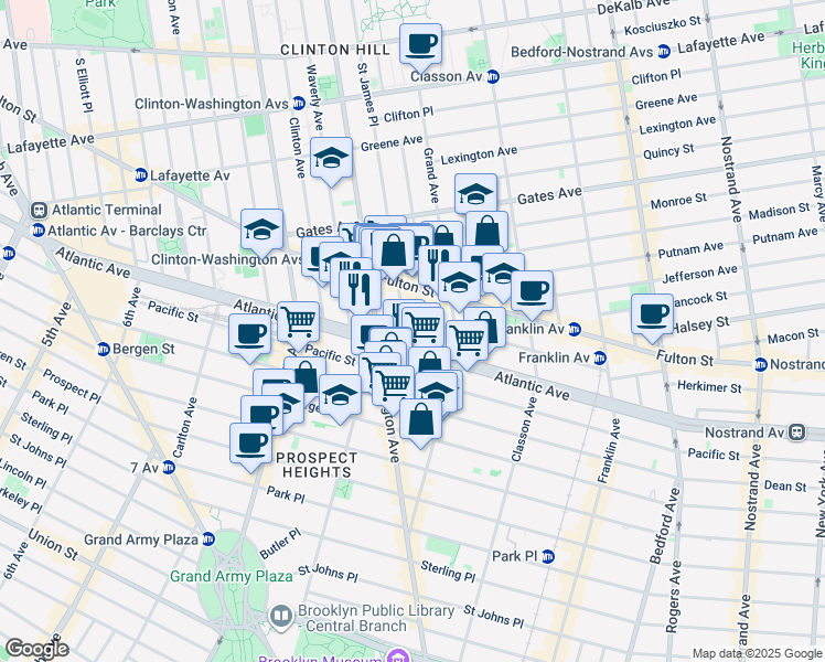 map of restaurants, bars, coffee shops, grocery stores, and more near 298 Saint James Place in Brooklyn