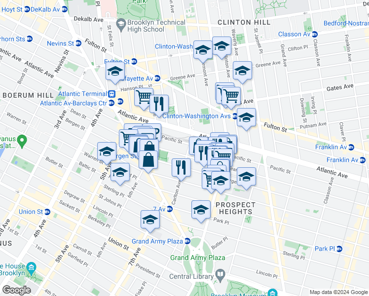 map of restaurants, bars, coffee shops, grocery stores, and more near 516 Carlton Avenue in Brooklyn