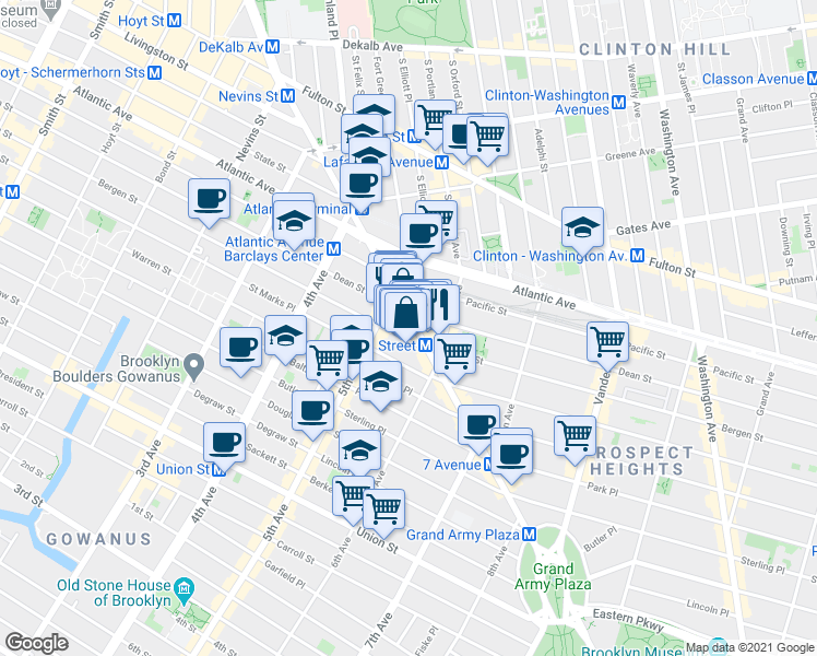 map of restaurants, bars, coffee shops, grocery stores, and more near 237 Flatbush Avenue in Brooklyn