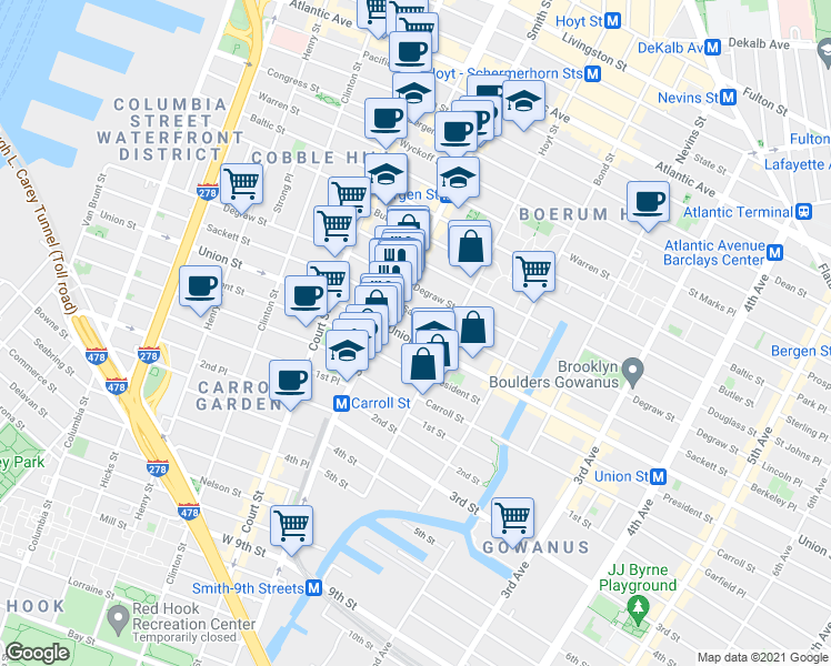 map of restaurants, bars, coffee shops, grocery stores, and more near 408A Sackett Street in Brooklyn